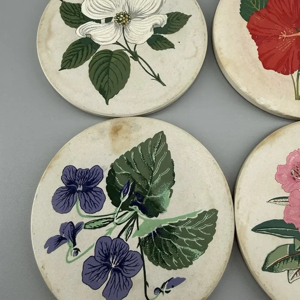Vintage CoasterStone Floral Sandstone Coaster Set of 4 With Original Box